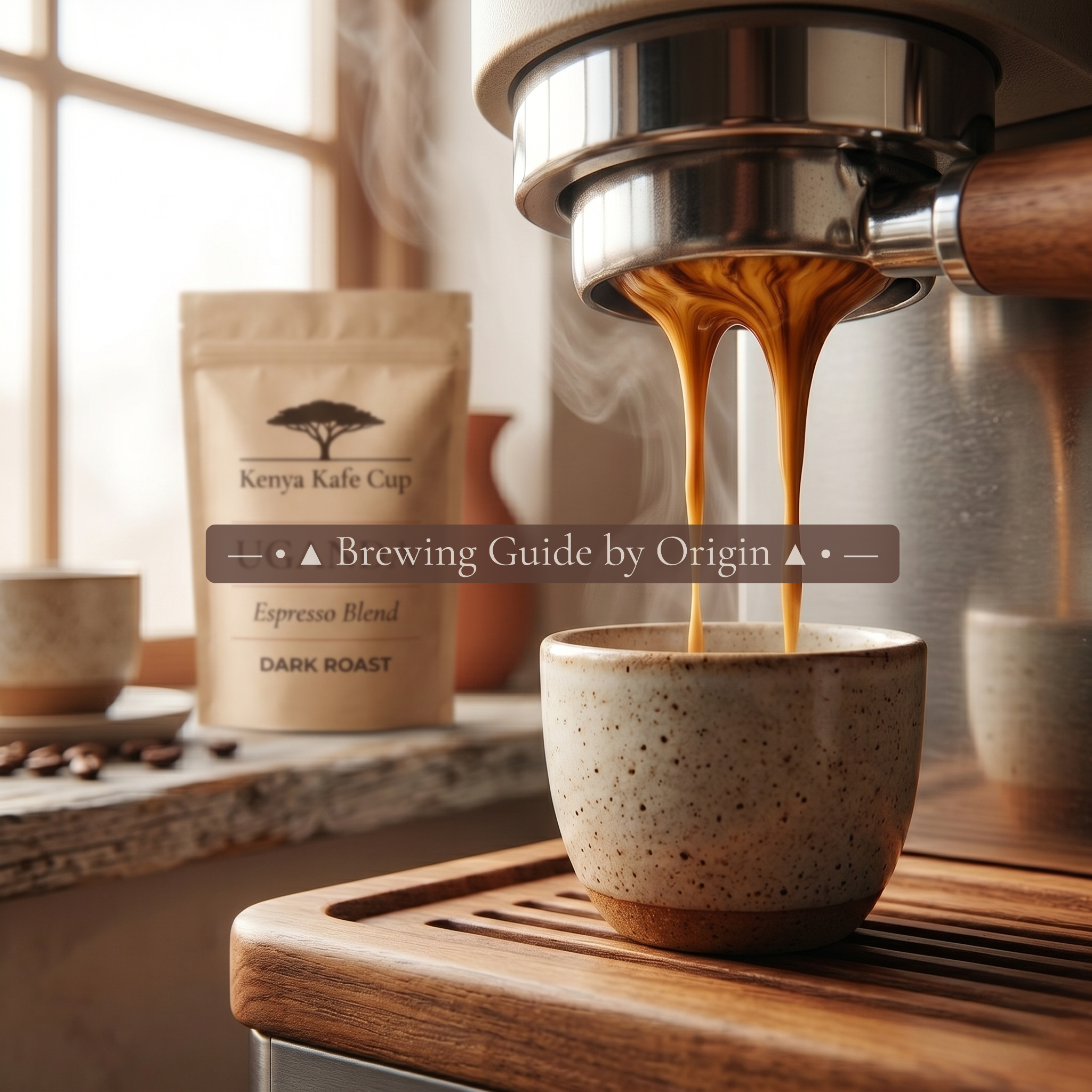 Kenya Kafe Cup Espresso Blend Dark Roast coffee being brewed from an espresso machine into a speckled ceramic cup. Rich golden crema flowing under warm morning light, with a coffee bag and beans in the background. Text overlay reads "Brewing Guide by Origin"