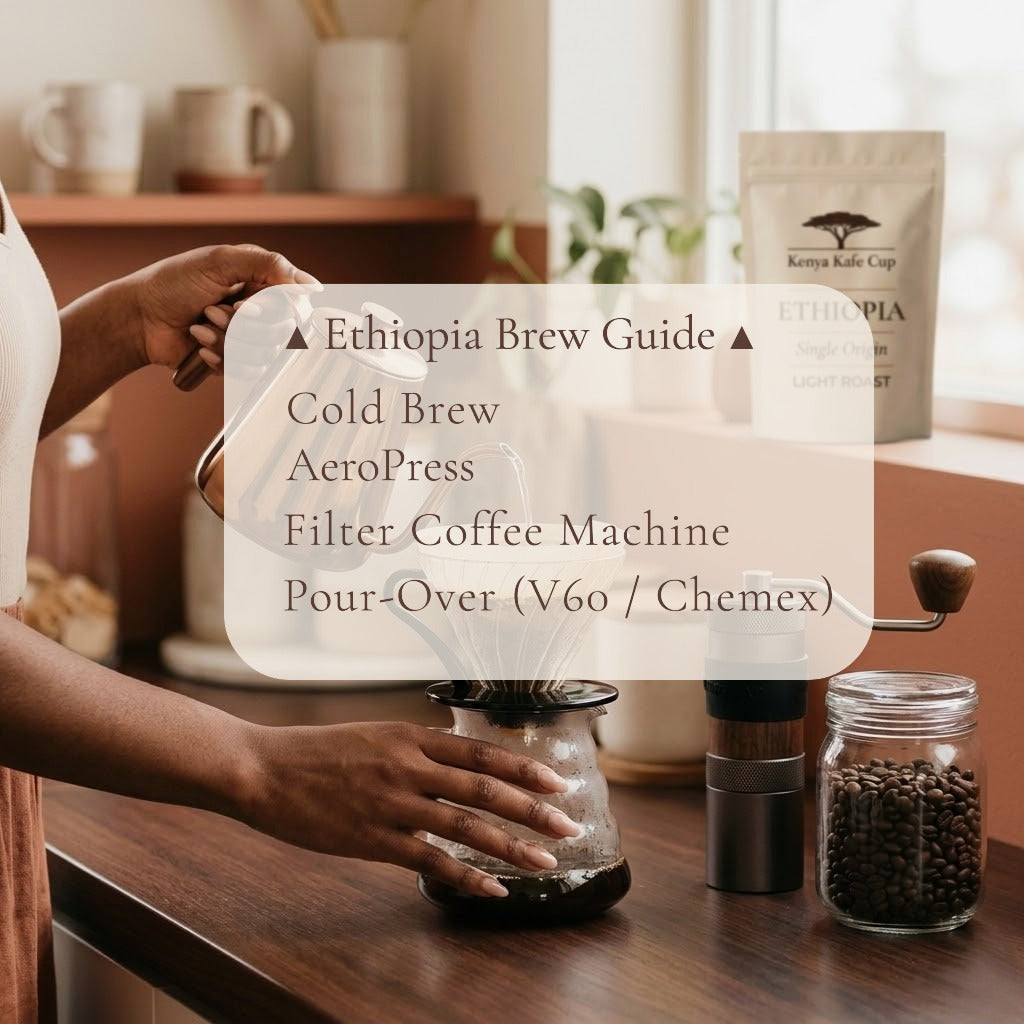 Kenya Kafe Cup Ethiopia Single Origin Light Roast coffee setup with pour‑over brewing .A person pouring hot water from a gooseneck kettle into a dripper on a wooden counter, surrounded by a grinder, coffee beans, and soft morning light. Text overlay lists brew methods: Cold Brew, AeroPress, Filter Coffee Machine, Pour‑Over (V60 / Chemex).