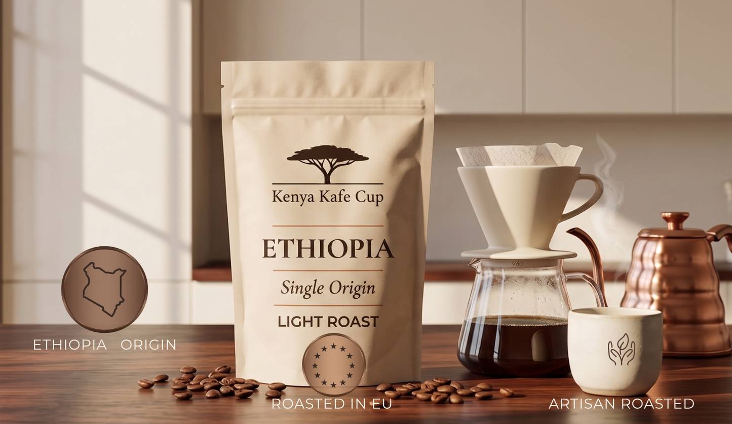 Kenya Kafe Cup Ethiopia Single Origin Light Roast coffee bag displayed on a wooden counter beside a V60 pour‑over setup, steaming cup, and copper kettle. Warm morning light and minimalist kitchen setting emphasizing artisan roasting and origin authenticity.