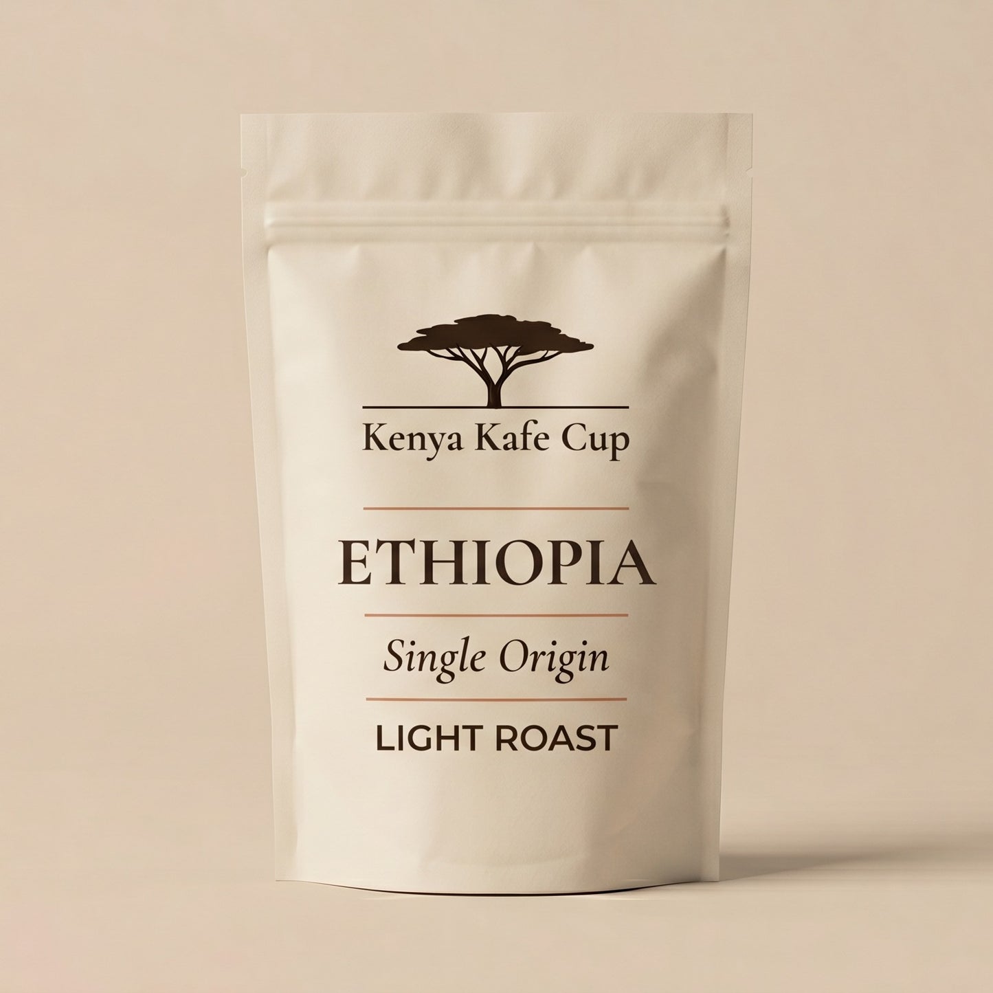 Kenya Kafe Cup Ethiopia Single Origin Light Roast coffee bag standing on a neutral beige background. Minimalist packaging design with acacia tree logo and refined typography highlighting origin and roast clarity.