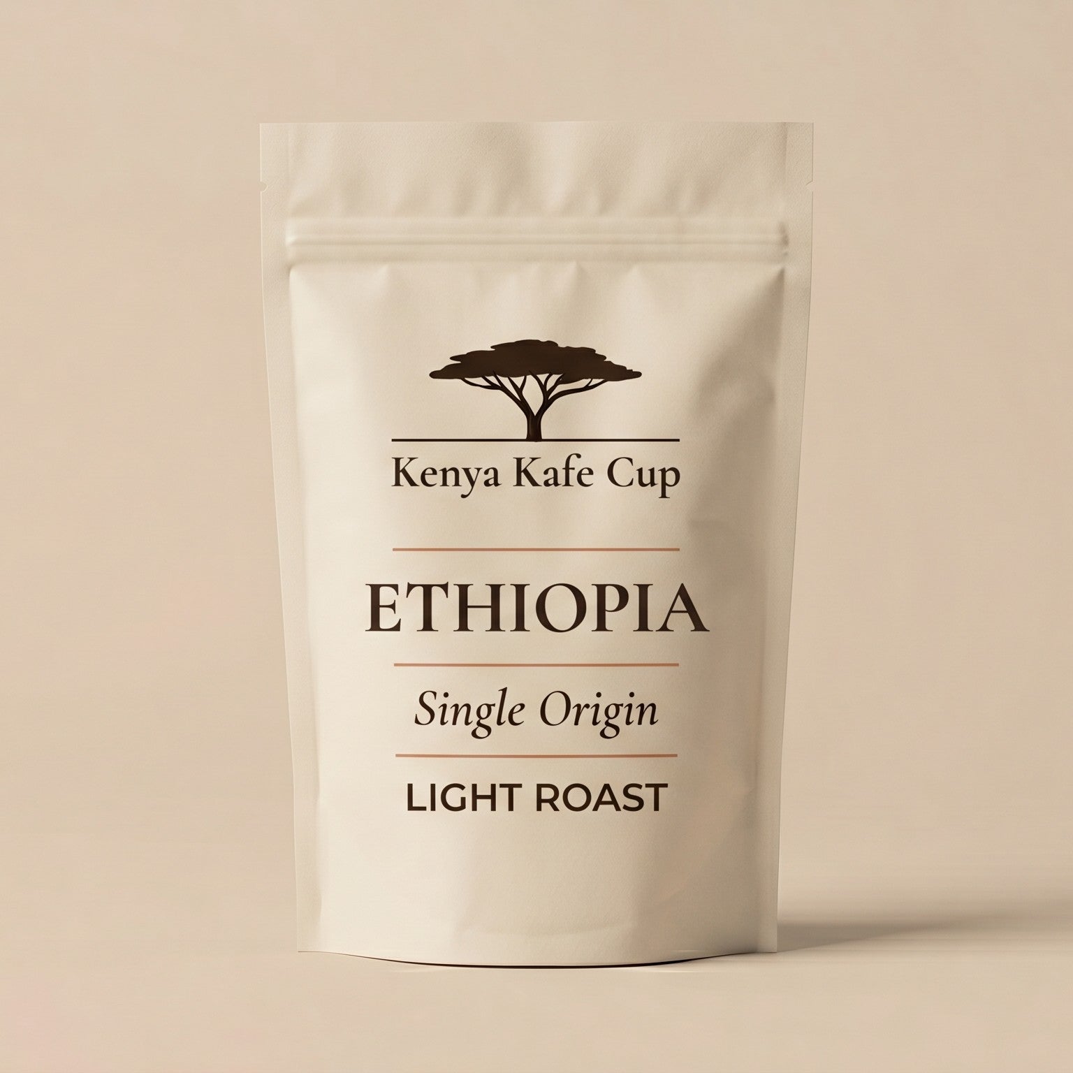Kenya Kafe Cup Ethiopia Single Origin Light Roast coffee bag standing on a neutral beige background. Minimalist packaging design with acacia tree logo and refined typography highlighting origin and roast clarity.