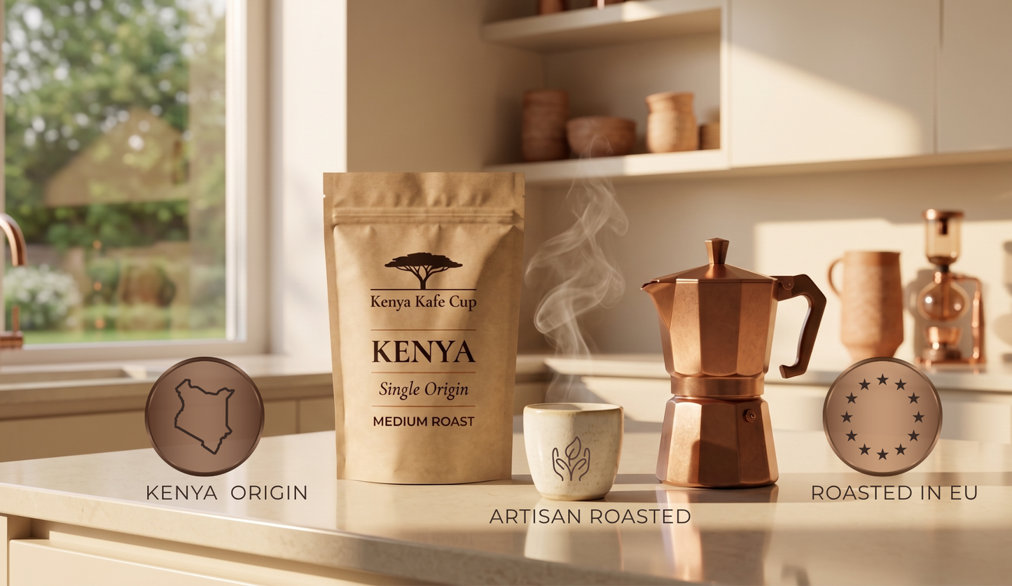 Kenya Kafe Cup Kenya Single Origin Medium Roast coffee bag displayed on a sunlit kitchen counter beside a steaming cup and copper moka pot. Warm, minimalist composition highlighting Kenya origin, artisan roasting, and European craftsmanship