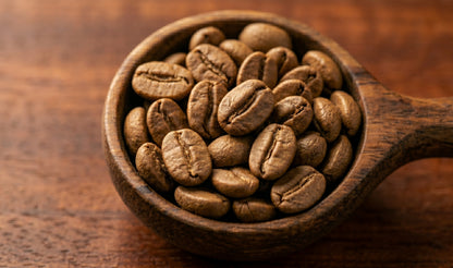 Close‑up of Kenya Kafe Cup light‑roasted coffee beans in a wooden scoop on a warm wooden surface . Matte texture and golden‑brown hue highlighting the delicate, origin‑forward roast profile.