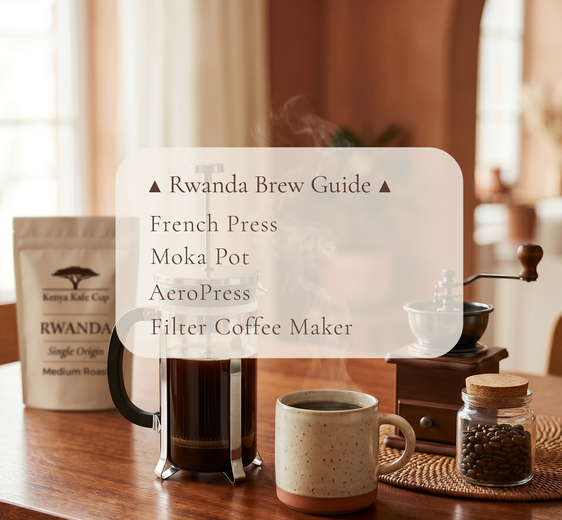Kenya Kafe Cup Rwanda Single Origin Medium Roast coffee setup with French Press, steaming mug, and coffee grinder on a warm wooden table. Soft morning light and text overlay listing brew methods: French Press, Moka Pot, AeroPress, Filter Coffee Maker
