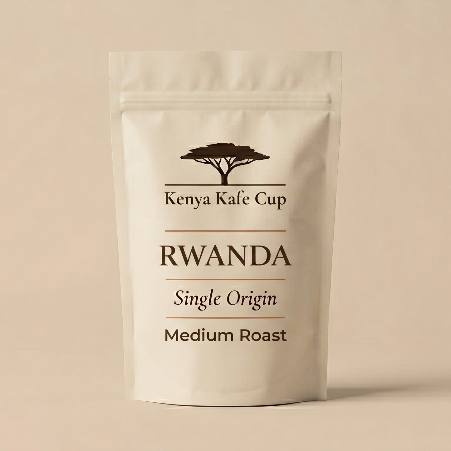 Kenya Kafe Cup Rwanda Single Origin Medium Roast coffee bag standing upright on a neutral beige background. Minimalist packaging design with acacia tree logo and refined typography emphasizing origin clarity and balanced roast character.