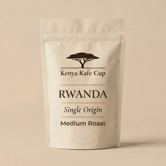 Kenya Kafe Cup Rwanda Single Origin Medium Roast coffee bag standing upright on a neutral beige background. Minimalist packaging design with acacia tree logo and refined typography emphasizing origin clarity and balanced roast character.