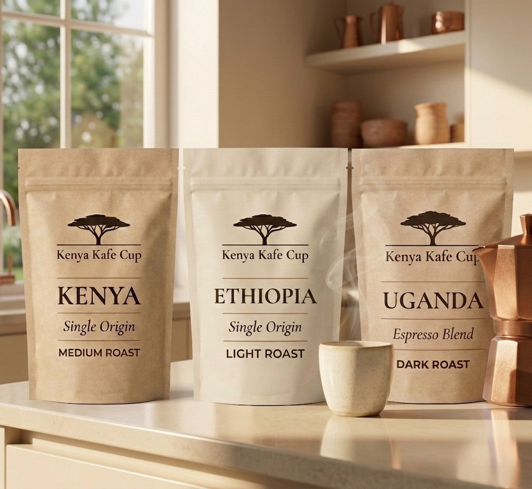 Kenya Kafe Cup coffee collection featuring Kenya Medium Roast, Ethiopia Light Roast, and Uganda Dark Roast bags displayed on a sunlit kitchen counter with a steaming cup and copper accents. Warm, minimalist composition highlighting single‑origin. craftsmanship