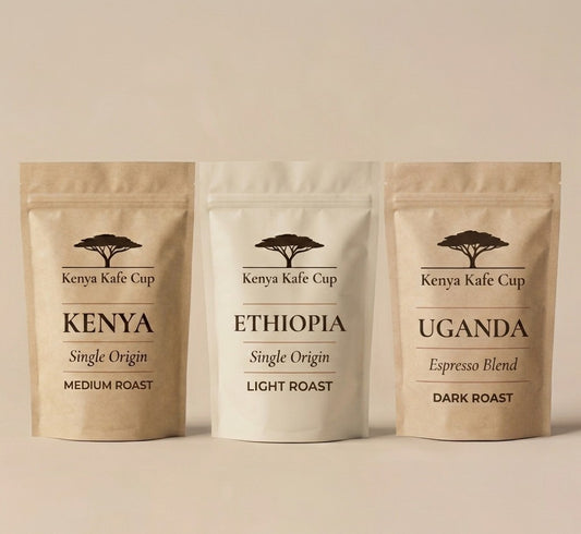 Kenya Kafe Cup coffee lineup featuring Kenya Single Origin Medium Roast, Ethiopia Single Origin Light Roast, and Uganda Espresso Blend Dark Roast. Minimalist packaging design on a neutral background highlighting origin diversity and premium craftsmanship.