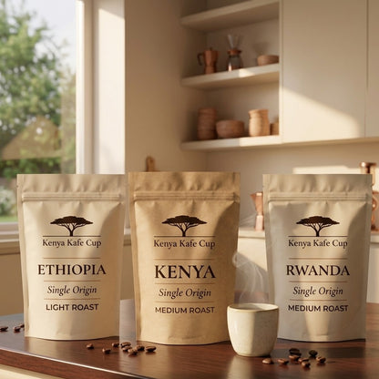 Kenya Kafe Cup coffee collection featuring Ethiopia Single Origin Light Roast, Kenya Single Origin Medium Roast, and Rwanda Single Origin Medium Roast displayed on a wooden counter in a sunlit kitchen. Warm, minimalist composition with scattered coffee beans and ceramic accents evoking craftsmanship and calm morning