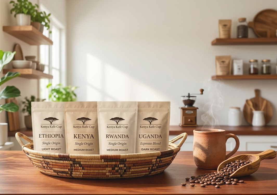 Kenya Kafe Cup single‑origin coffee collection featuring Ethiopia Light Roast, Kenya Medium Roast, Rwanda Medium Roast, and Uganda Dark Roast displayed in a woven basket on a warm, sunlit kitchen counter with a steaming mug and coffee beans