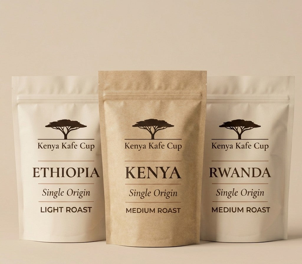 Kenya Kafe Cup coffee trio featuring Ethiopia Single Origin Light Roast, Kenya Single Origin Medium Roast, and Rwanda Single Origin Medium Roast. Minimalist packaging design on a neutral beige background highlighting origin diversity and refined craftsmanship