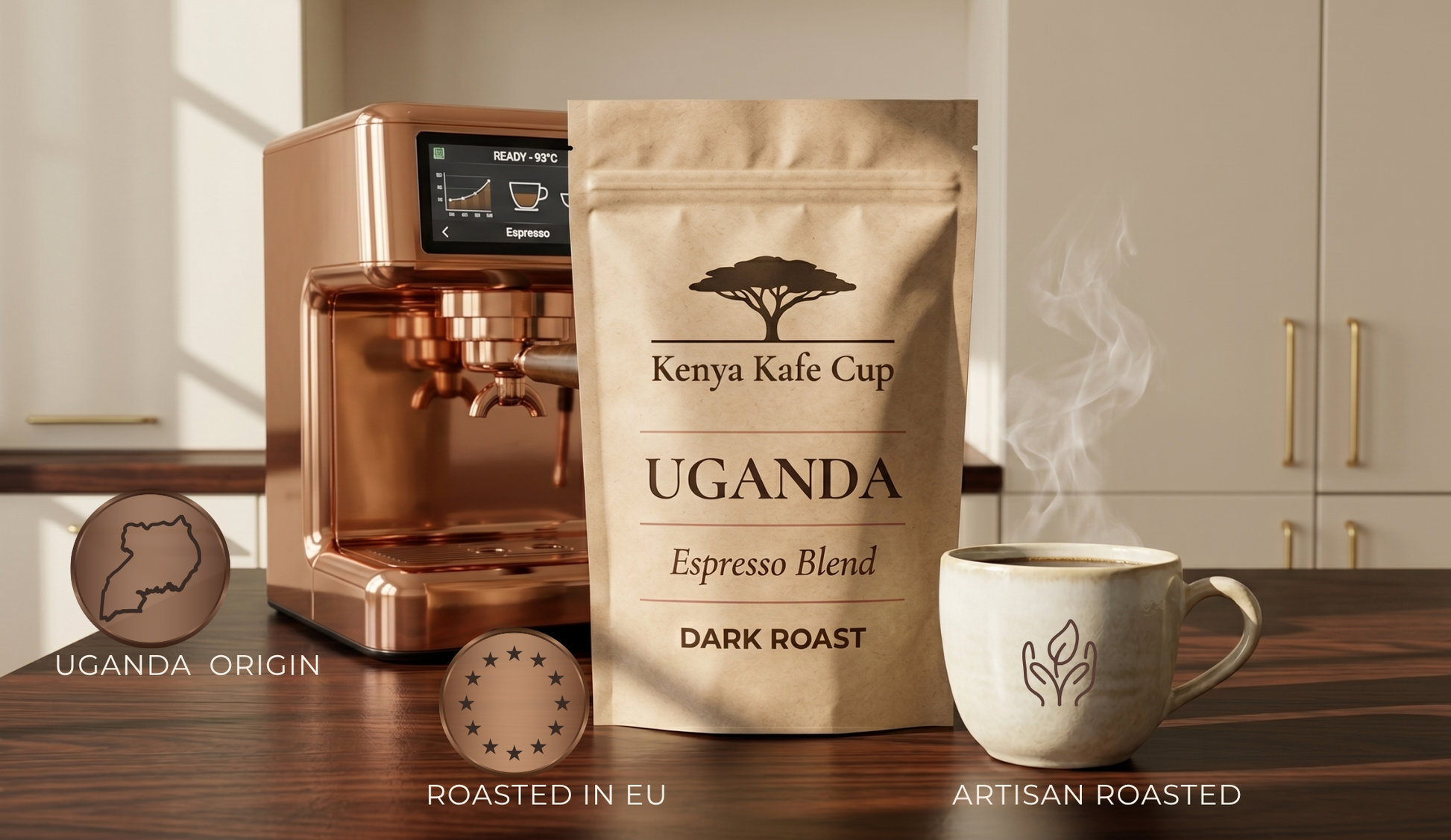 Kenya Kafe Cup Uganda Espresso Blend Dark Roast coffee bag displayed on a wooden counter beside a copper espresso machine and a steaming ceramic cup. Warm morning light and minimalist kitchen setting highlighting Uganda origin, artisan roasting, and European craftsmanship