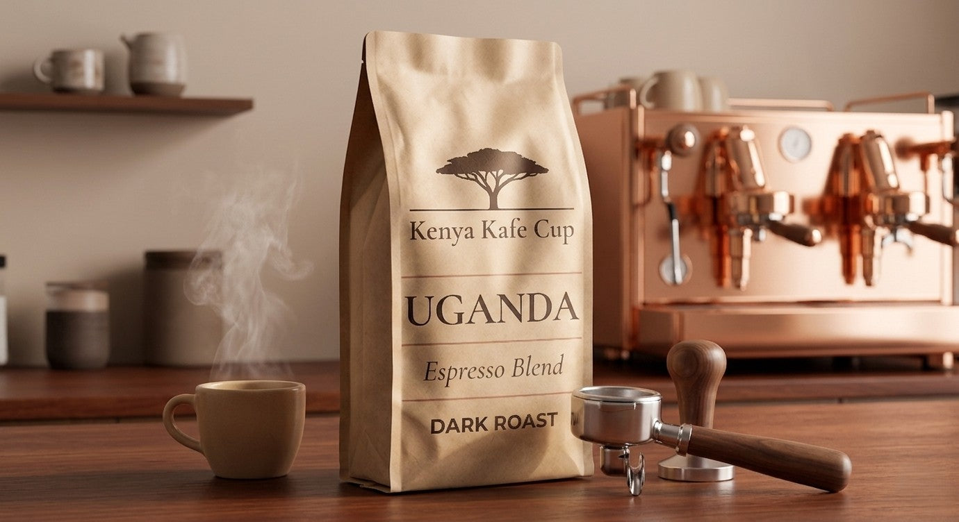 Kenya Kafe Cup Uganda Espresso Blend Dark Roast coffee bag on a wooden counter beside a steaming cup, espresso portafilter, and copper espresso machine. Warm, minimalist café setting with soft morning light