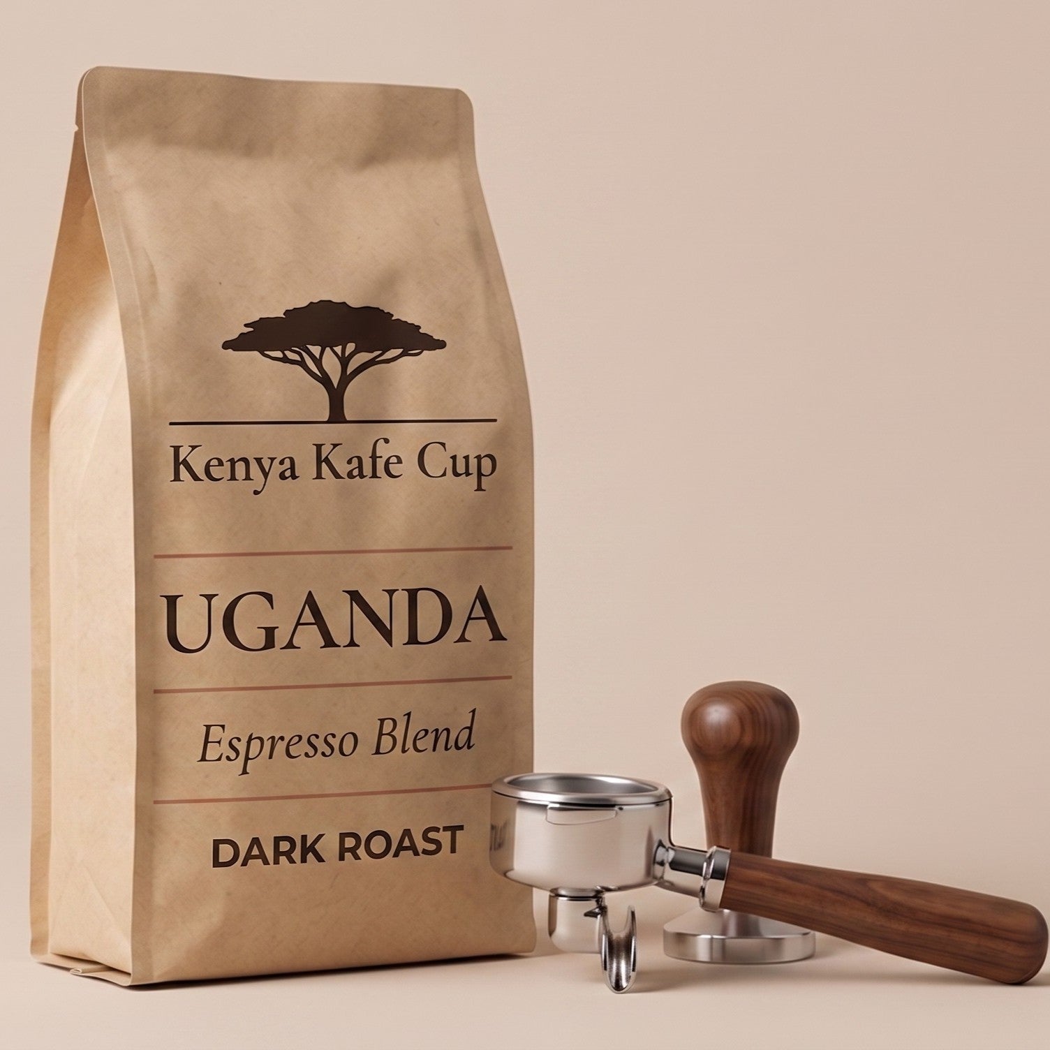 Kenya Kafe Cup Uganda Espresso Blend Dark Roast coffee bag with espresso portafilter and tamper on a beige background. Minimalist composition highlighting craftsmanship and premium roast quality