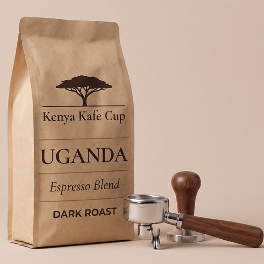 Kenya Kafe Cup Uganda Espresso Blend Dark Roast coffee bag with espresso portafilter and tamper on a beige background. Minimalist composition highlighting craftsmanship and premium roast quality