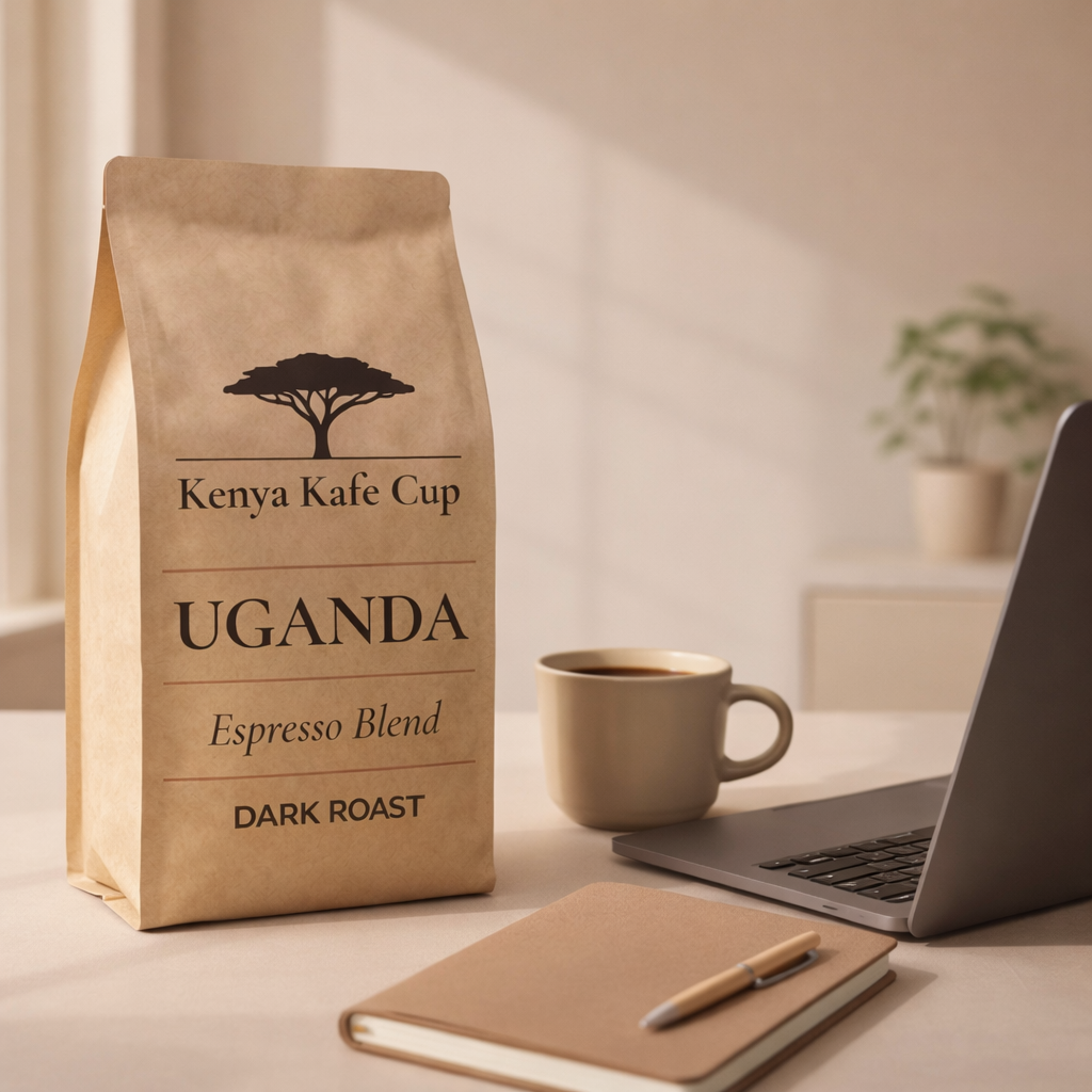 Kenya Kafe Cup Uganda Espresso Blend dark roast coffee bag on a minimalist workspace with a cup, notebook, and laptop . Warm morning light and calm, focused atmosphere