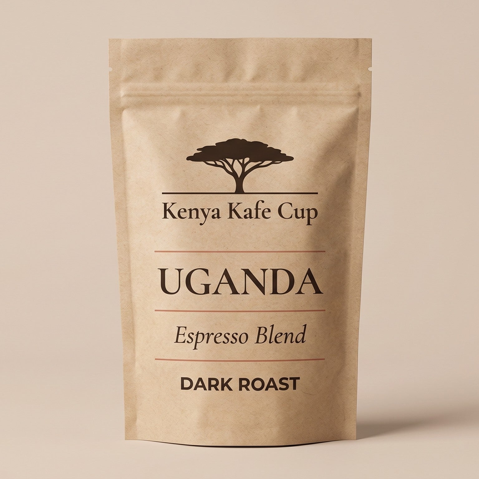Kenya Kafe Cup Uganda Espresso Blend Dark Roast coffee bag standing upright on a neutral beige background. Minimalist packaging design with acacia tree logo and refined typography emphasizing origin depth and bold roast character.