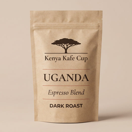 Kenya Kafe Cup Uganda Espresso Blend Dark Roast coffee bag standing upright on a neutral beige background. Minimalist packaging design with acacia tree logo and refined typography emphasizing origin depth and bold roast character.