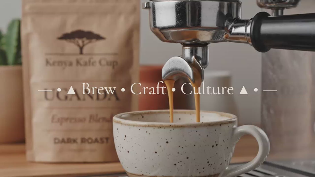 Close‑up of espresso machine pouring rich coffee into a speckled ceramic cup with Kenya Kafe Cup Uganda Espresso Blend Dark Roast bag in the background. Warm morning light and text overlay reading "Brew • Craft • Culture "
